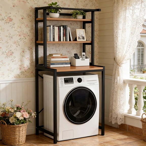 Stable Laundry Storage Shelf Over Washer, Metal Frame with Wood Tabletop, Safe for Family and Kids
