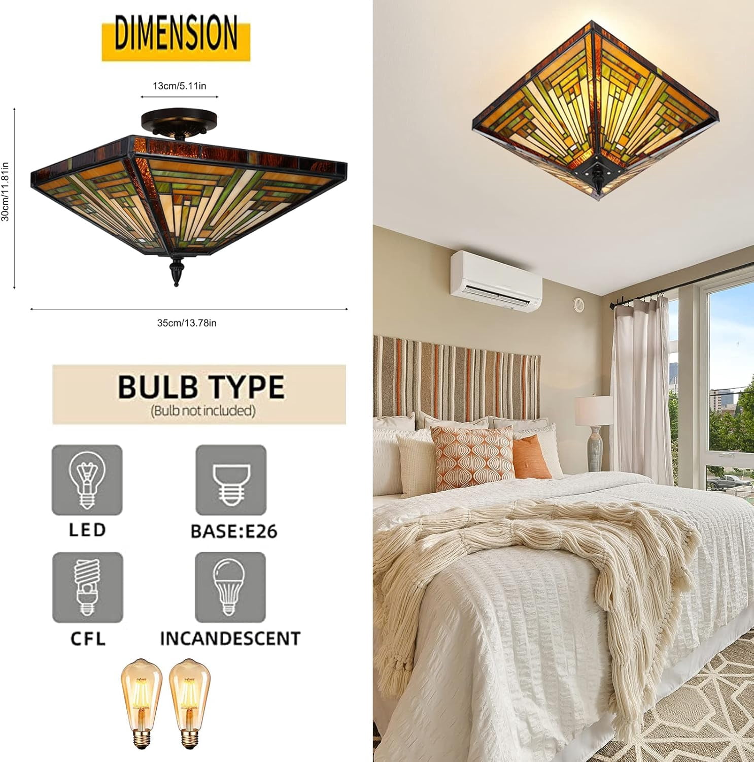 14 inch Tiffany Style Ceiling Light Wide Amber Brown Stained Glass Semi Flush Mount Ceiling Lamp for Kitchen Porch Entryway Bathroom Hallway 2 Light