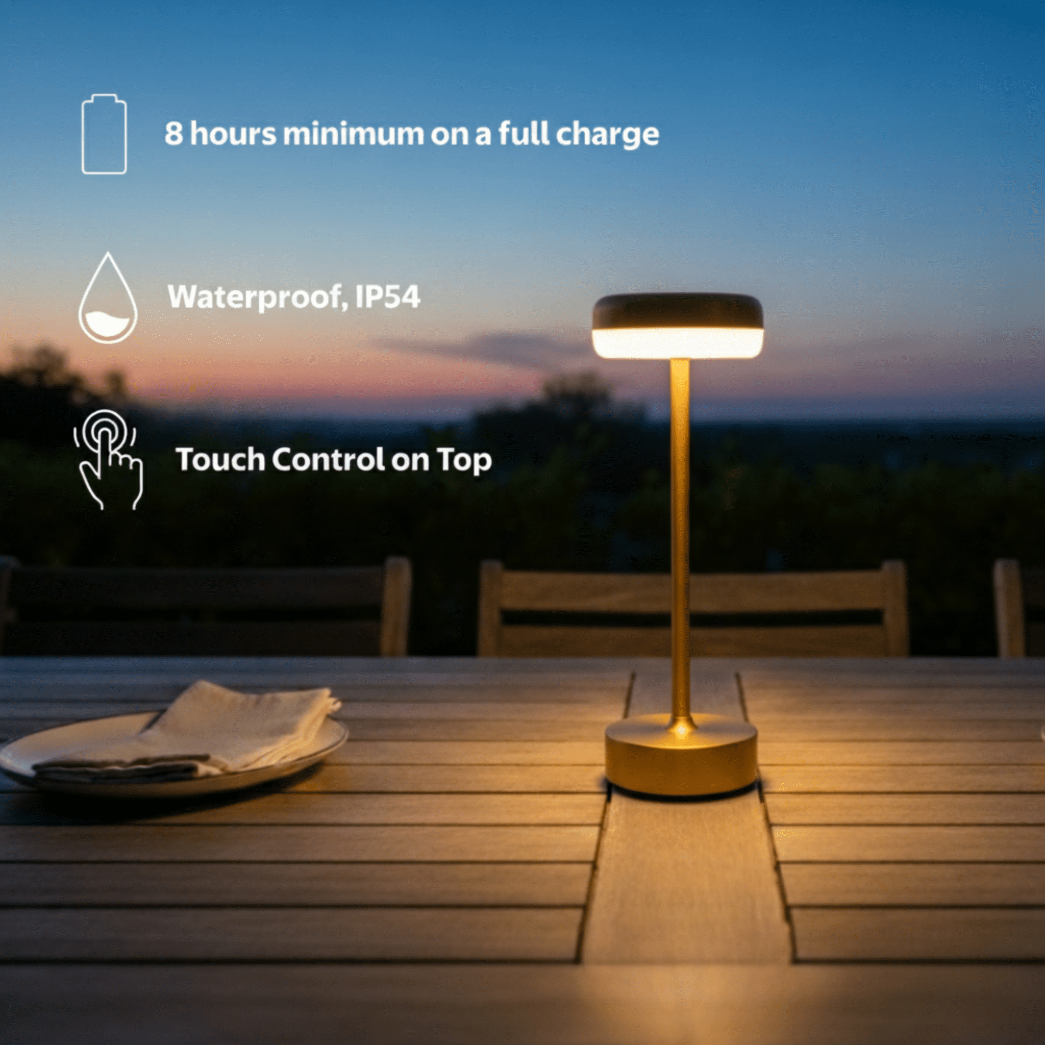 Mainstays 12 inch Outdoor  and Indoor Rechargeable Water Resistant Table Lamp, Gold, 100 Lumens