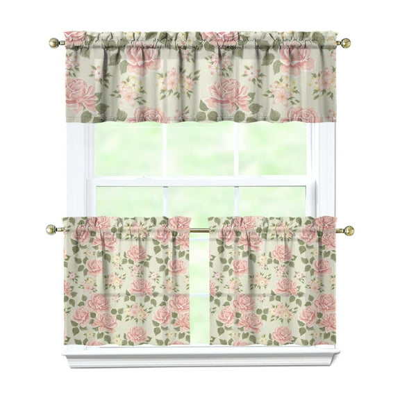 Pioneer Kitchen Curtains and Valance Set 24 Inch Tier Beautiful Pink Roses Bush Curtains Small Drapes for Cafe Living Room Bathroom Farmhouse 3 Pieces Set Rod Pocket