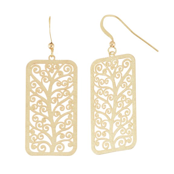 14KT Gold Plated Rectangular Shape Stamped Tree of Life Dangle Earring