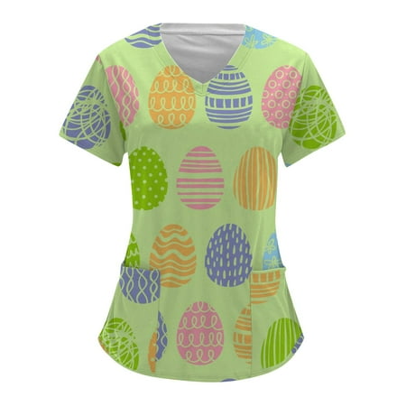 

Women Comfotable Working Scrubs Top Cartoon Animals Printed Short Sleeve V-Neck Holiday Cute Blouse Tops With Pockets Female Clothes