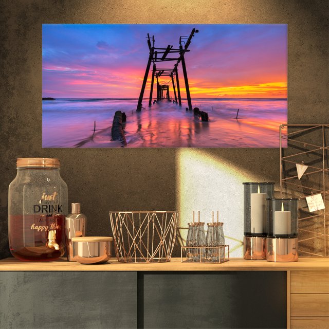 Discarded Wooden Bridge at Sunset - Pier Seascape Canvas Art Print