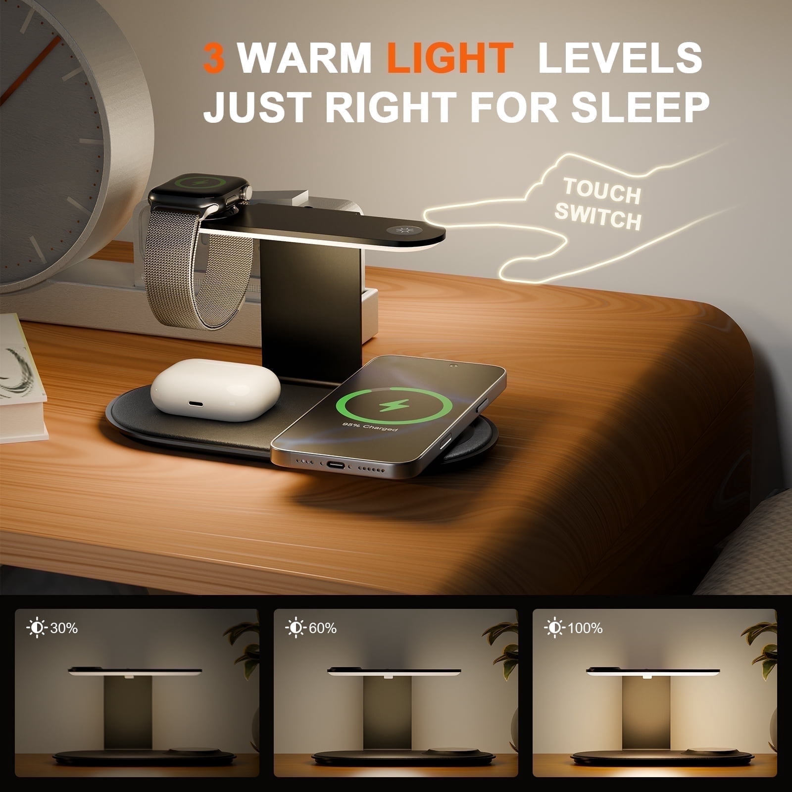 4 in 1 Charging Station,MagSafe Wireless Charger with Three Level soft Night Light,15W Wireless Charging for iPhone 12 and above series,for iWatch Series,for AirPods,USB-C Charger Included,Black