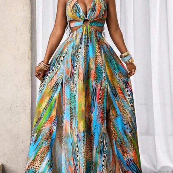Multicolor Abstract Print Hollow-Out Tie-Up Maxi Dress For Evening And Party Wear