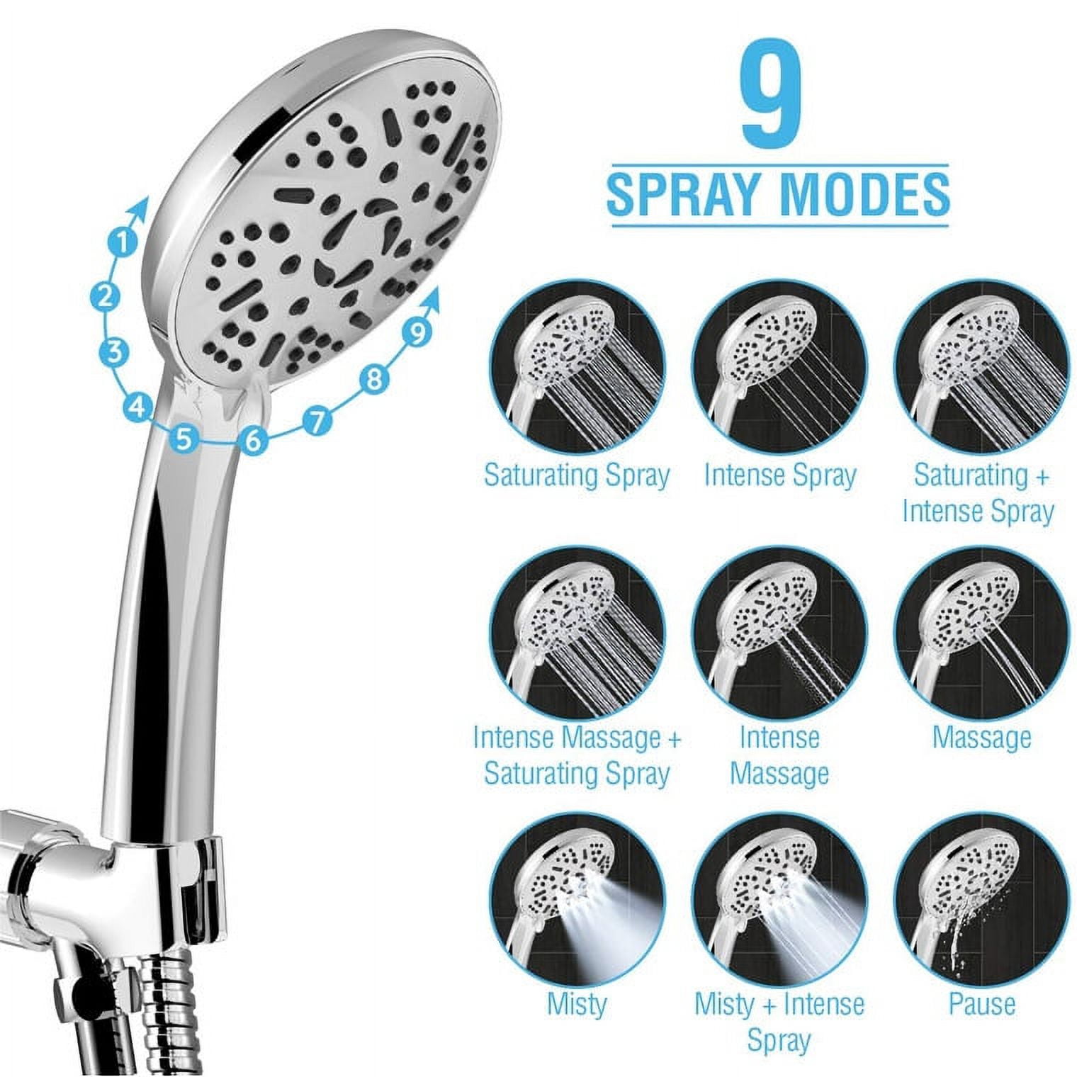 AQwzh High Pressure Handheld Shower Head – 9 Spray Modes with 60 Inch Hose (Chrome)