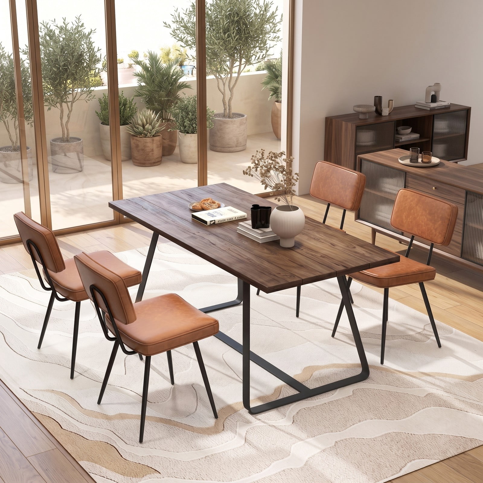 Furnibear Dining Chairs Set of 2, Upholstered PU Leather Kitchen Chairs with Padded Backrest and Cushioned Seat, Metal Tapered Legs Side Chairs for Dining Room, Brown