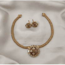 South Indian Bollywood Gold-Plated Kemp Pendant Haram Necklace Set – Green, Ruby & White CZ Stones with Matching Earrings Traditional Jewelry