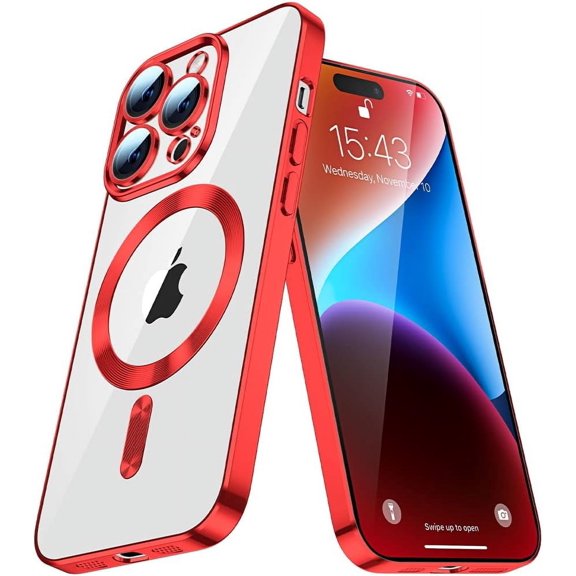 Magnetic Case for iPhone 13, Compatible with Magsafe iPhone 13 Case Camera Protective Clear Cute Glitter Clear for Girly Luxury Phone Case Shockproof Slim TPU Cover for iPhone 13 Red YX