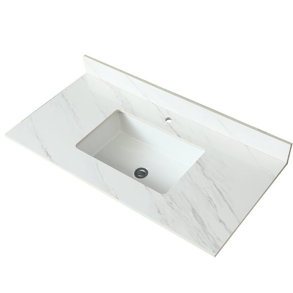 Bathroom Vanity Top 43 Inch White - Sintered Stone With 4" High Backsplash, Rectangular Sink, Pre-drilled Faucet Hole Timeless Beauty 43-inch Stone, Quality