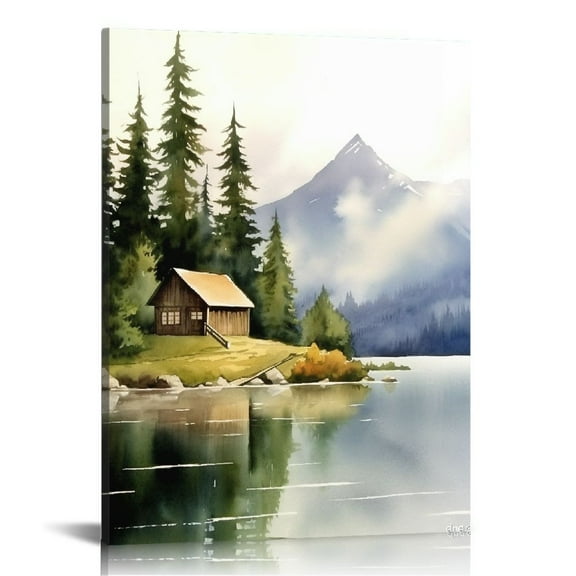 ONETECH Abstract Mountain Landscape Wall Art Lake Watercolor Painting Abstract Forest Print Cabin In The Woods Poster Watercolor Mountain Canvas Green Forest Pictures Modern Scenery Artwork No Frame