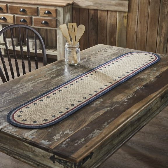 VHC Brands Braided Cotton Table Runner 12x60, Cotton Dining Room, Kitchen Table Runner, Jute Style, Farmhouse, Stenciled, My Country Collection, Rectangle 12x60, Stars, Navy