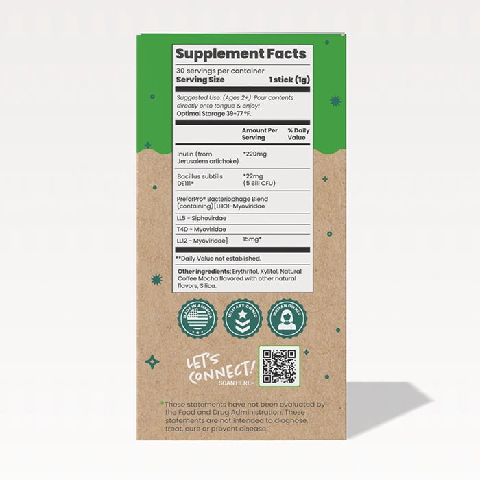 Opu Probiotics Mocha Flavor Daily Probiotic Powder, Pour-On-Tongue Stick Packs, 30 Count