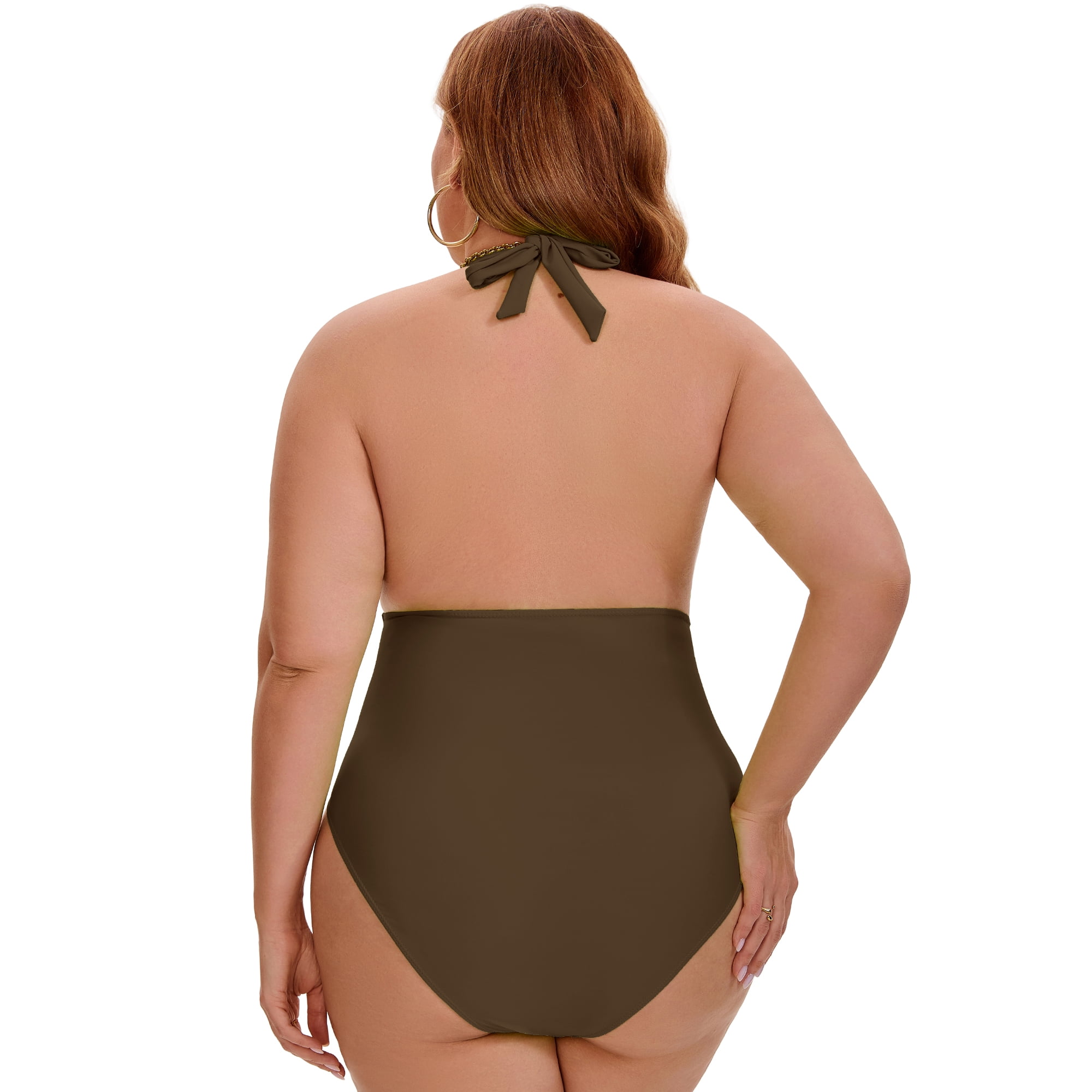 DARING DIVA Women's Plus 1 Piece Halter Tummy Control Swimwear 3X Brown