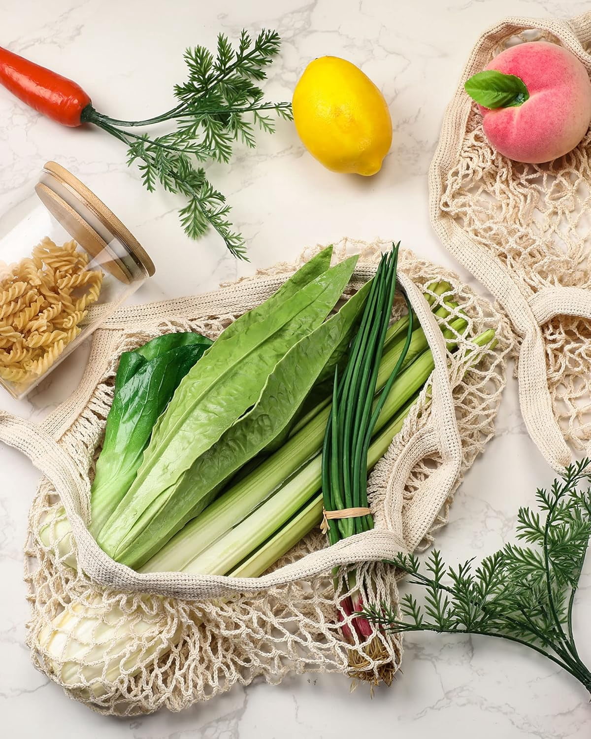 YEKEYI 12 Pcs Reusable Mesh Grocery Bag Portable Cotton Produce Container Washable Net Mesh Reusable Tote Bag with Handle