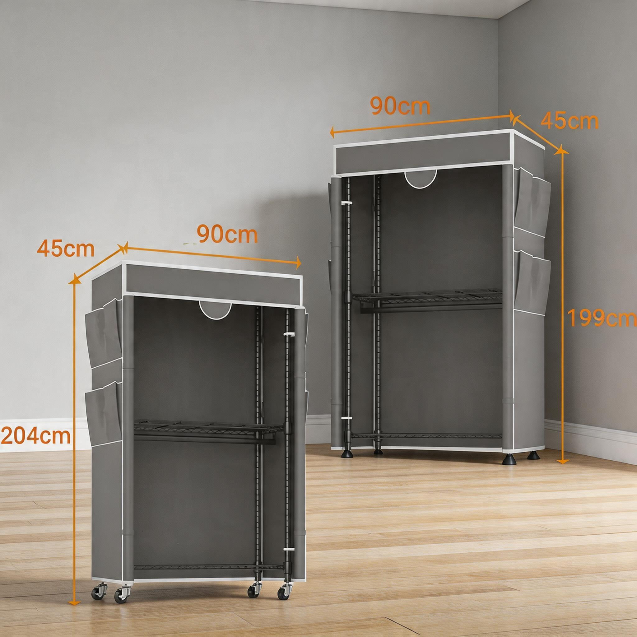 Sailvan Heavy Duty Clothing Rack with Cover, Portable Closet Wardrobe with Double Hanging Rods and Wheels, 3-Tier Storage Shelves,Gray