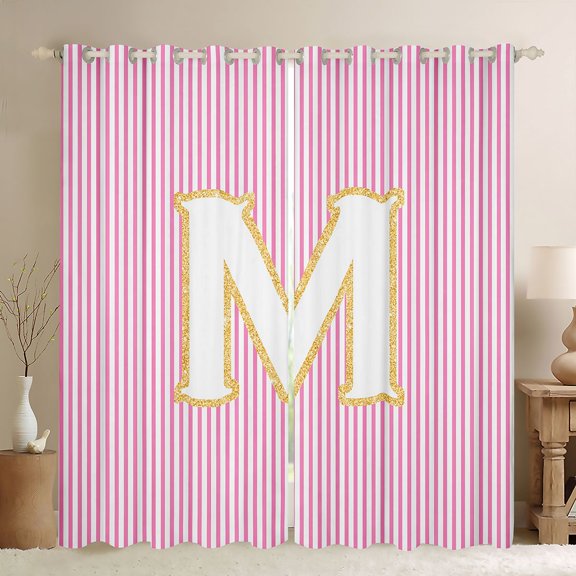 Feelyou Fashion Pink Stripes Black Out Curtains for Teen, Initial M Letter Curtains Pack of 2 (42x63 Each), Cute Princess Cartoon Bedroom Curtains, Window Curtains Home Decor