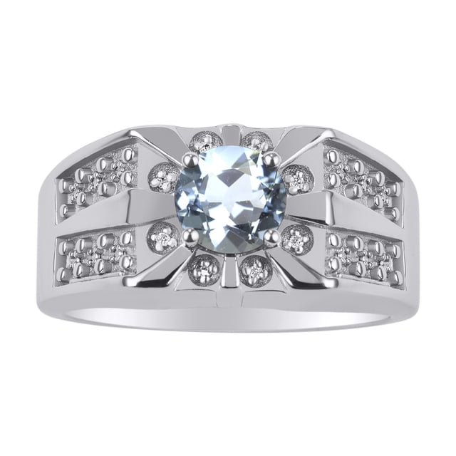 RYLOS Men's Rings Sterling Silver Designer Starburst 7MM Round Gemstone & Diamond Ring Aquamarine March Birthstone Size 11