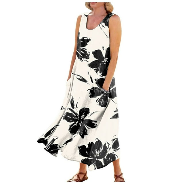 CHOK Robes d'Été Décontractées Femmes Coton Lin à Fleurs Robe Maxi Femme Sans Manches Débardeur Longue Fluide Robe Bohème Robes d'Été Fluides pour Adolescentes avec Poches Gris Foncé 3TG