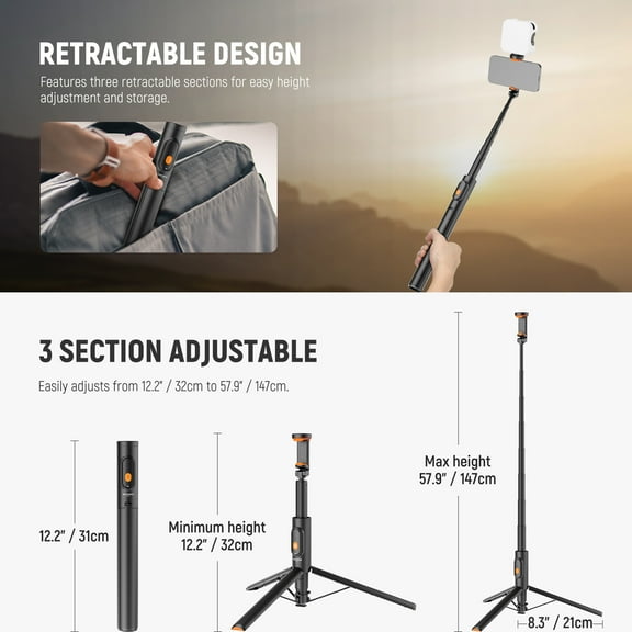 Neewer 57.9" Selfie Stick Tripod for iPhone/Samsung/Android - Lightweight, w/Phone Holder & Remote, PA992 Black
