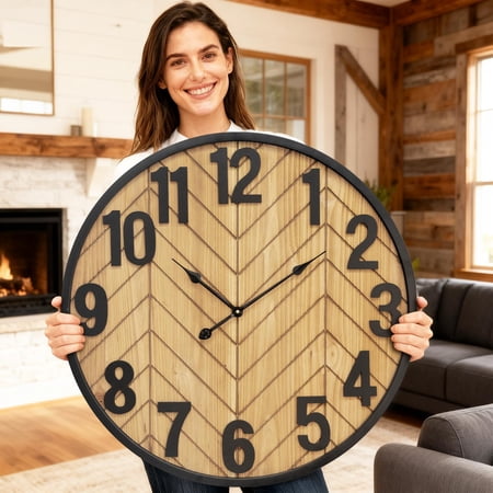 MODE HOME 30 Inch Large Wall Clock, Oversized Wooden Farmhouse Wall Clock with Black Metal Frame, Battery Operated Non-Ticking Silent Wall Clocks for Living Room, Kitchen, Bedroom Decor (Brown)