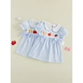 thumbnail image 3 of BemeyourBBs Toddler Baby Girl Back to School Dresses Kids Kindergarten Outfits Baby Girl Summer Dress with Bows Striped Apple Embroidered Puff Short Sleeve Doll Collar Causal A-line Dress, 3 of 9
