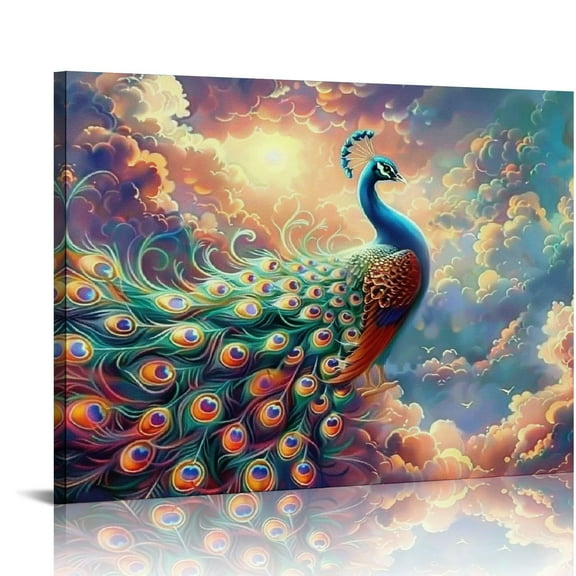 BCIIG Colorful clouds peacocks Indoor art wall decoration home is suitable for living room, bedroom, office, dining room, club decoration, can hang Canvas painting 20x16in