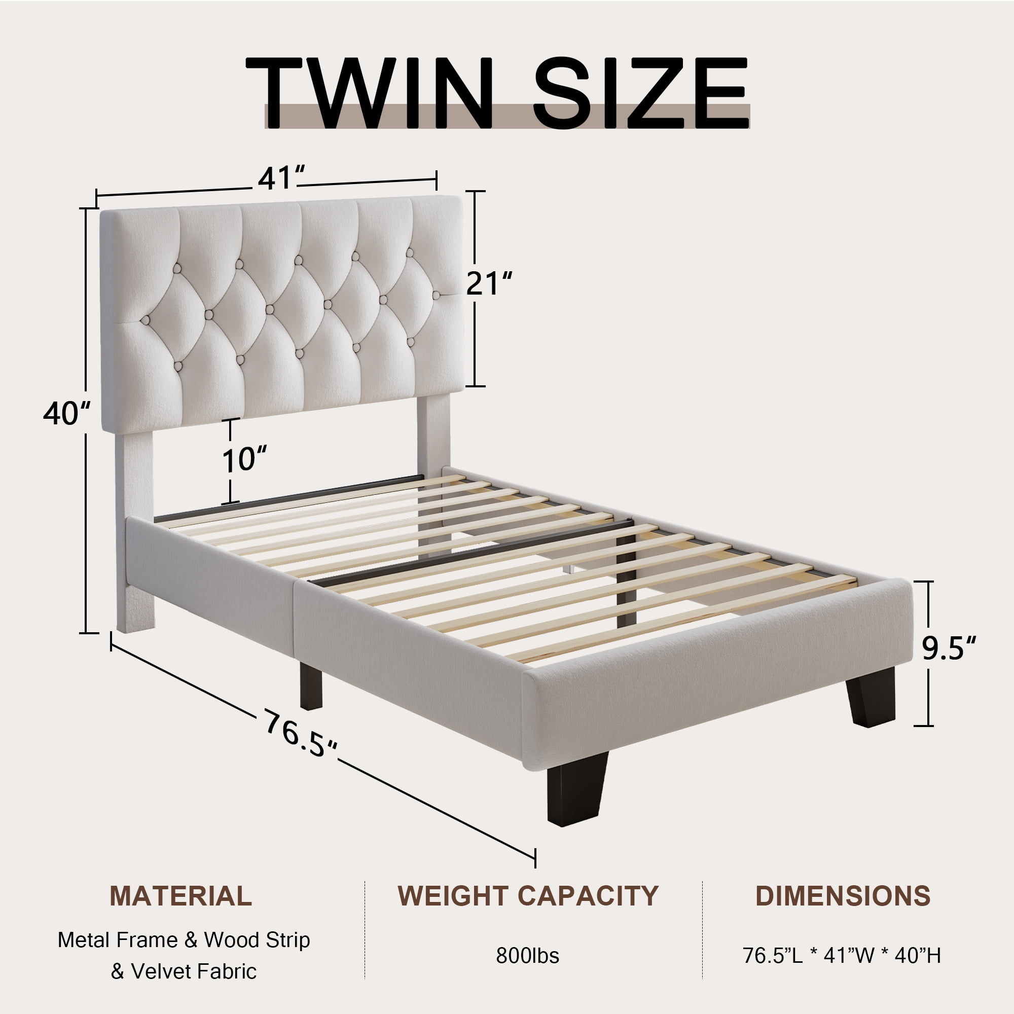 Virans Velvet Twin Size Platform Bed Frame with Tufted Button Headboard,Upholstered Bed with Wood Slat Support,No Box Spring,Noise Free,Easy Assembly, White