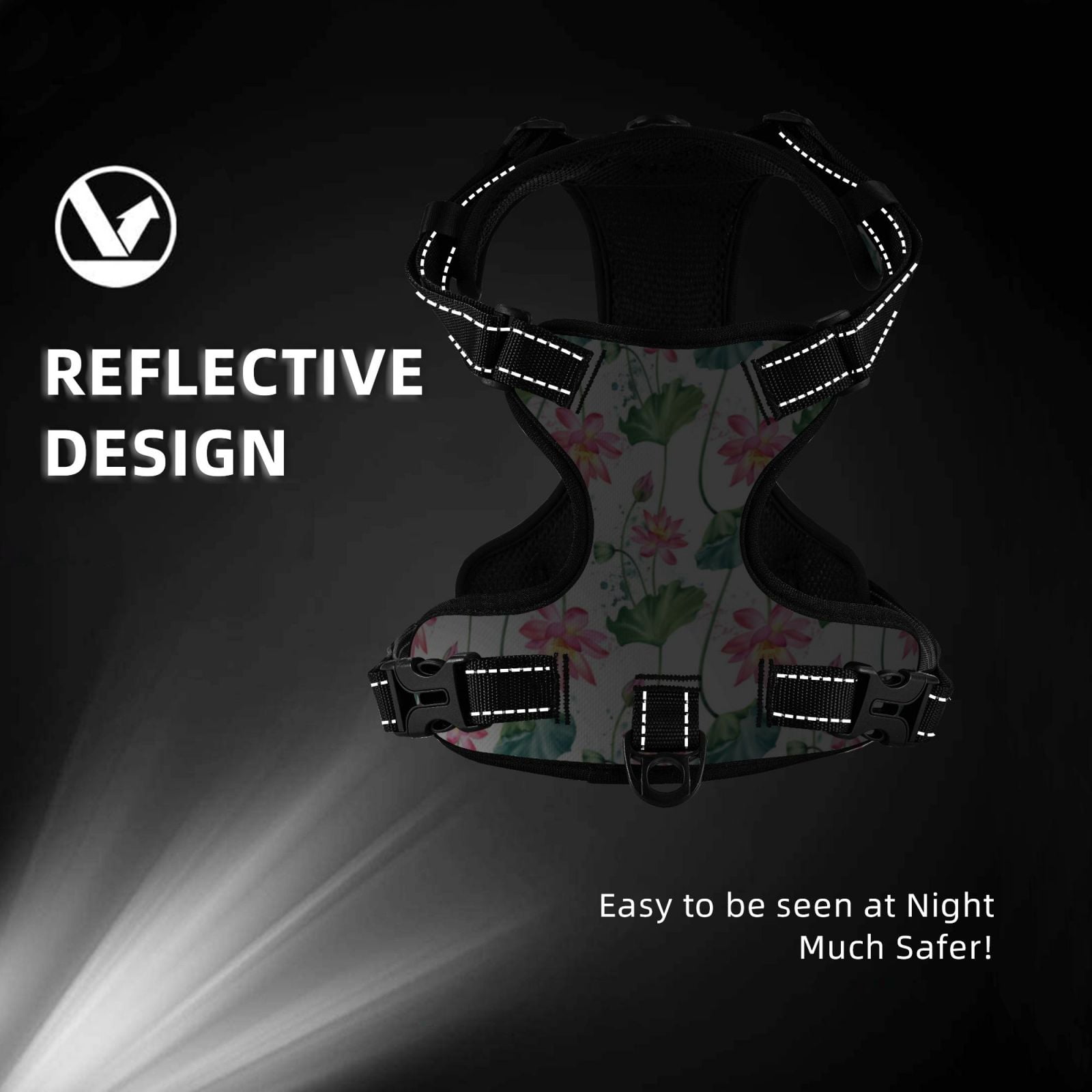 Fuzoiu Lotus Flower Print Reflective Dog Harness,Adjustable, Breathable Pet Vest,Dog Harness No Pull,No Choke Pet Vest for Small, Medium, and Large Dogs-Large