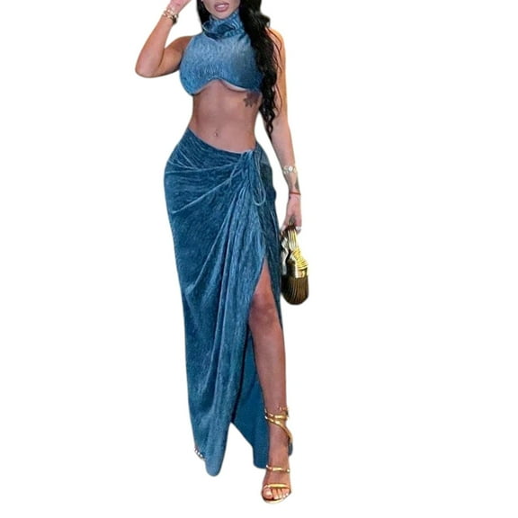 Women's Sexy 2-Piece Maxi Skirt Set – Knit Bodycon Turtleneck Crop Top High-Slit Skirt Outfit for Party Holiday and Winter Warm Wear