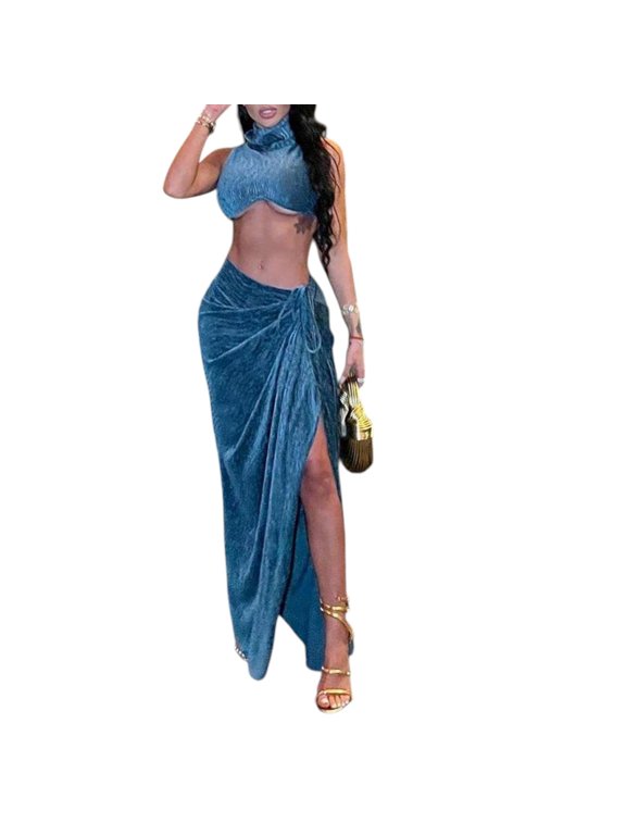 Women's Sexy 2-Piece Maxi Skirt Set Knit Bodycon Turtleneck Crop Top High-Slit Skirt Outfit for Party Holiday and Winter Warm Wear