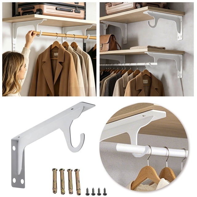 Tong Heavy Duty Wall Mounted Closet Rod Support Brackets With Hooks 16 Inch Black Metal Shelf