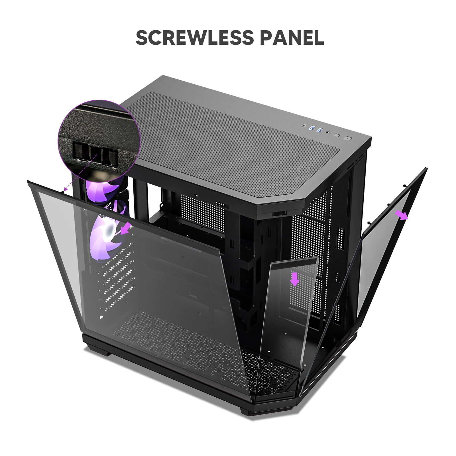 Vetroo CT3 ATX Mid-Tower Gaming Computer PC Case, Triple-Sided Tempered Glass Panoramic View, Supports 360mm Radiator & 11 Fans, Up to 410mm GPU, Type-C Ready, High-Airflow for 50 Series GPUs - Black