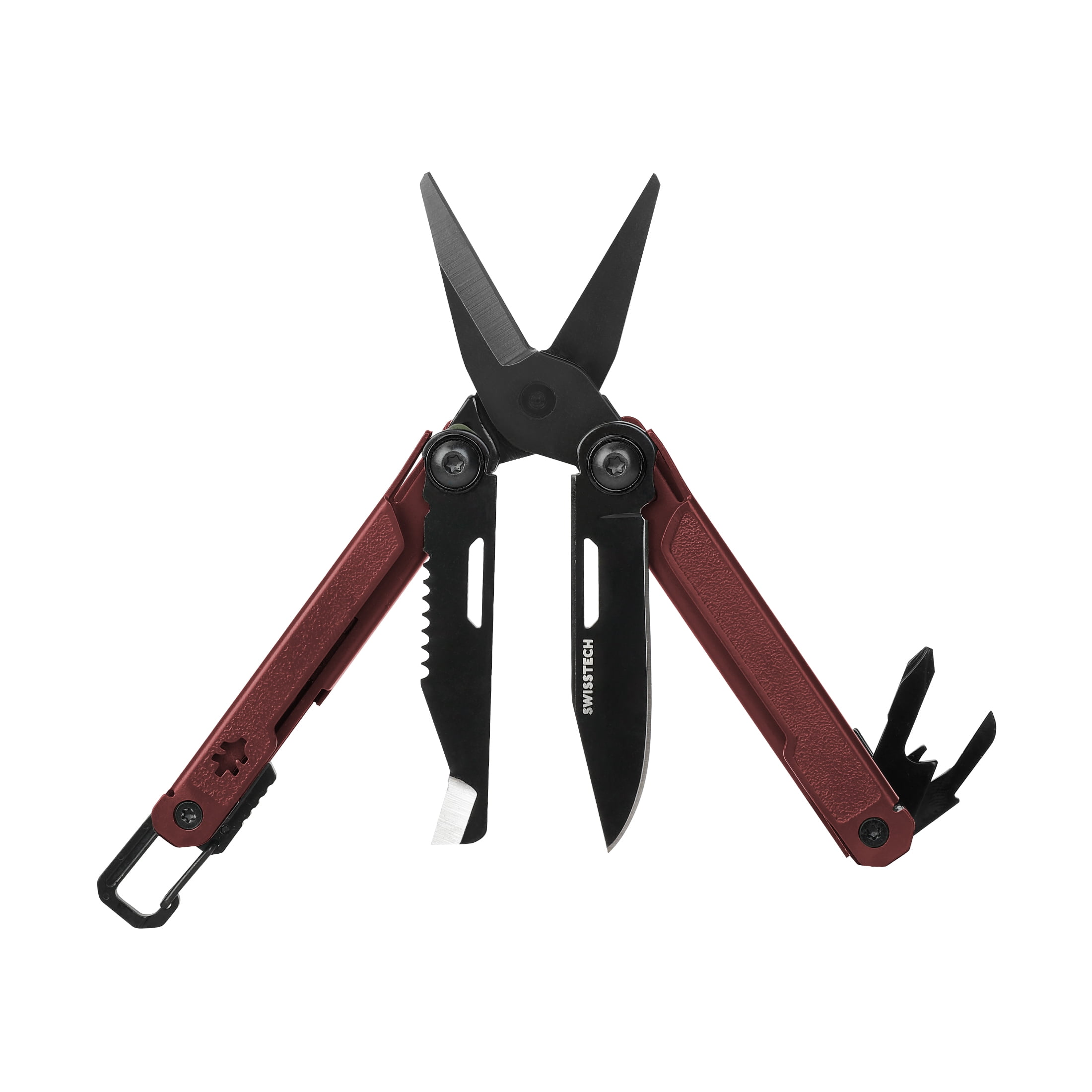 Swiss Tech Uberall CT AUS-8 Steel 10-in-1 Multi Tool with Shears, Carabiner & Leather Sheath, Maroon
