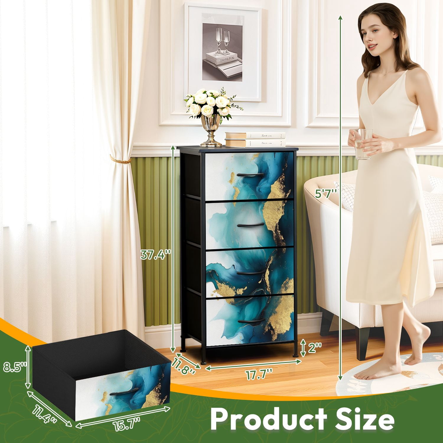 Kanworse 4 Drawer Fabric Dresser for Bedroom Teal Alcohol Ink Fluid Chests of Drawers for Closet Organizers Storage