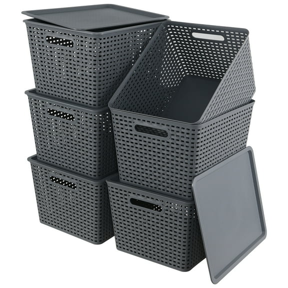 Tyminin 6-Pack Plastic Desktop Organizing Bin with Lid, Stackable Lidded Storage Baskets for Shelves, Grey