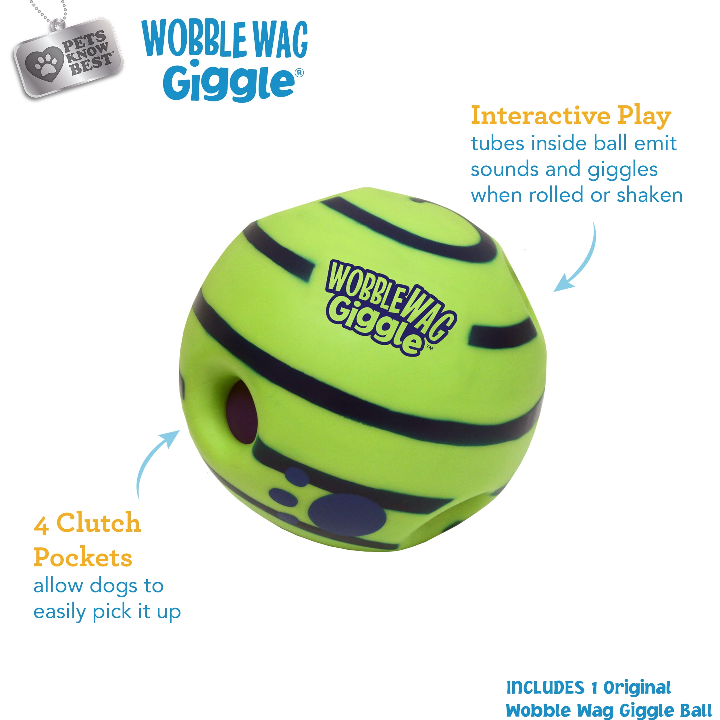Pets Know Best Wobble Wag Giggle Ball Dog Toy, Tear-Resistant, Green
