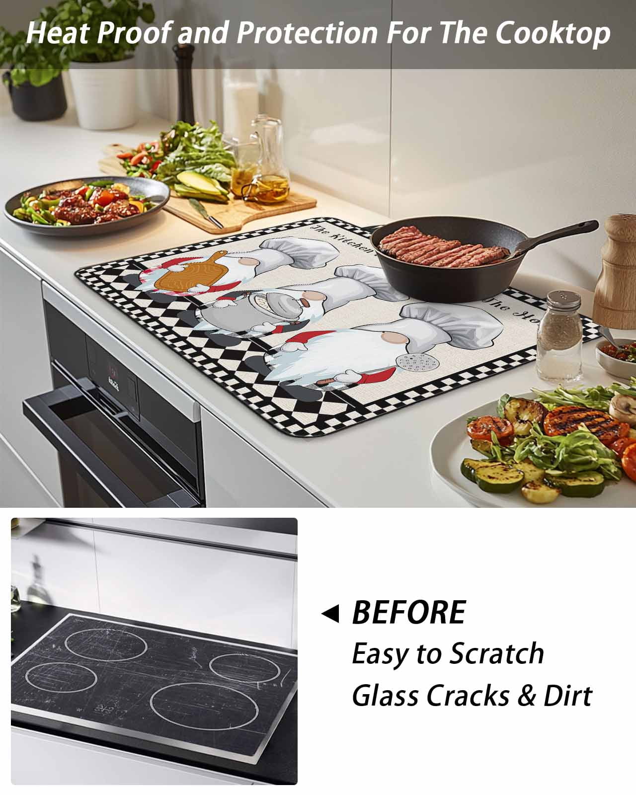 The Chef Stove Top Covers for Electric Stove, 28'x20'' Gnome Kitchen Black Buffalo Plaid Glass Ceramic Stove Cover Foldable Rubber Mat Heat Resistant Cooktop Protector for Kitchen