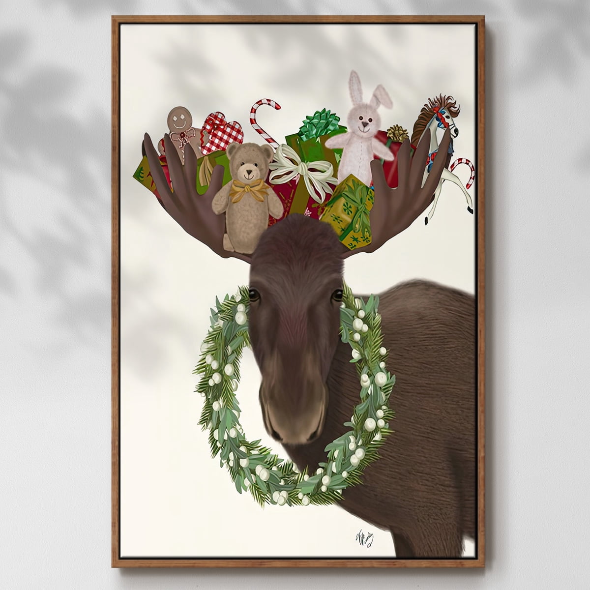 Christmas Moose and Christmas Gifts - Framed Gallery Wrapped Holiday Canvas - 27 x 41 - Rosewood Frame