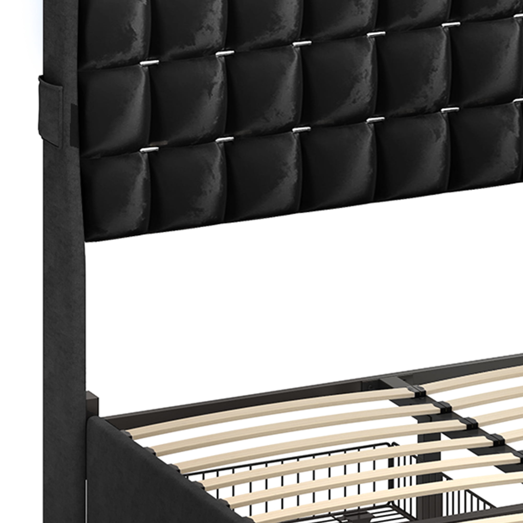 Uforic Upholstered Bed Frame with Charging Station & Drawers, King Size Bed Frame with LED Lights, Black