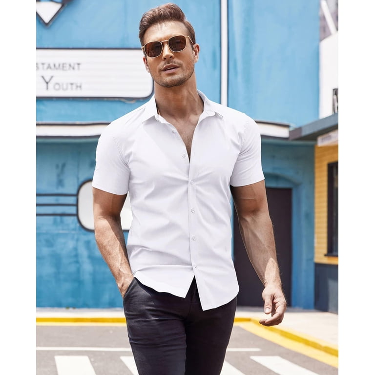 Coofandy, Men's Short Sleeve Muscle Fit Dress Shirt, XL, White