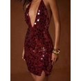 thumbnail image 5 of Women Burgundy Sequin Mini Dress Deep V-Neck Halter Neck Backless Party, 5 of 6