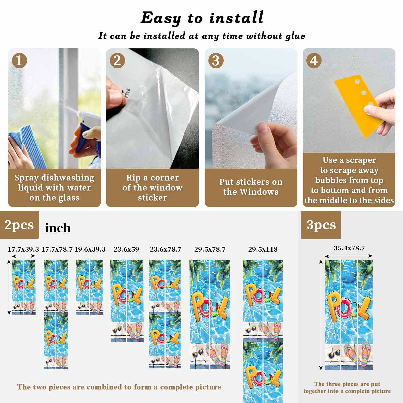 Blue Summer Pool Window Privacy Film, Watermelon Swimming Ring Slippers Static Cling UV Sun Blocking Tint Film Heat Control Windows Films for Bedroom Bathroom, Window Stickers 23.6"x59"