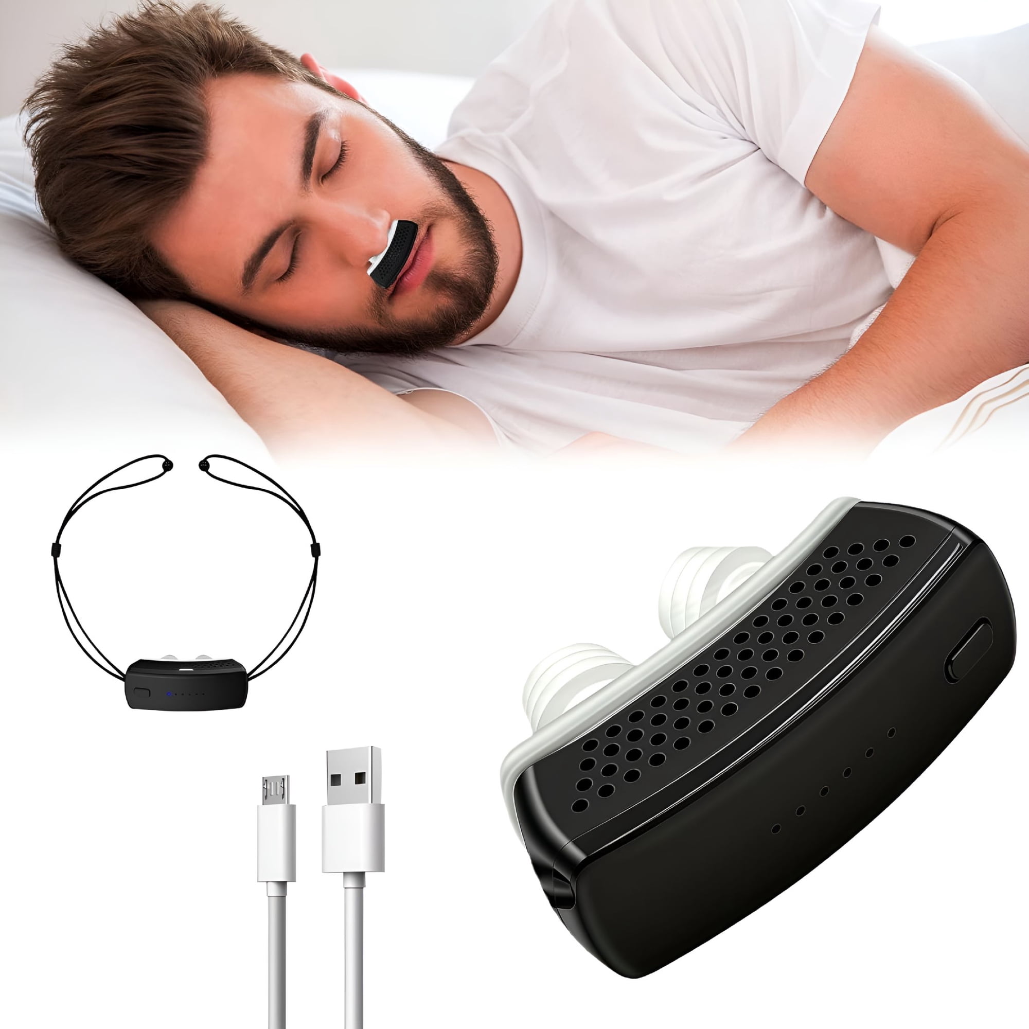 XIRQI Anti Snoring Devices, Electric Snoring Solution with Adjustable Strap, Universal Fit for All Nose Shapes, Adjustable 6-Speed, Mini Portable Sleep Apnea Devices for Men and Women (Black)