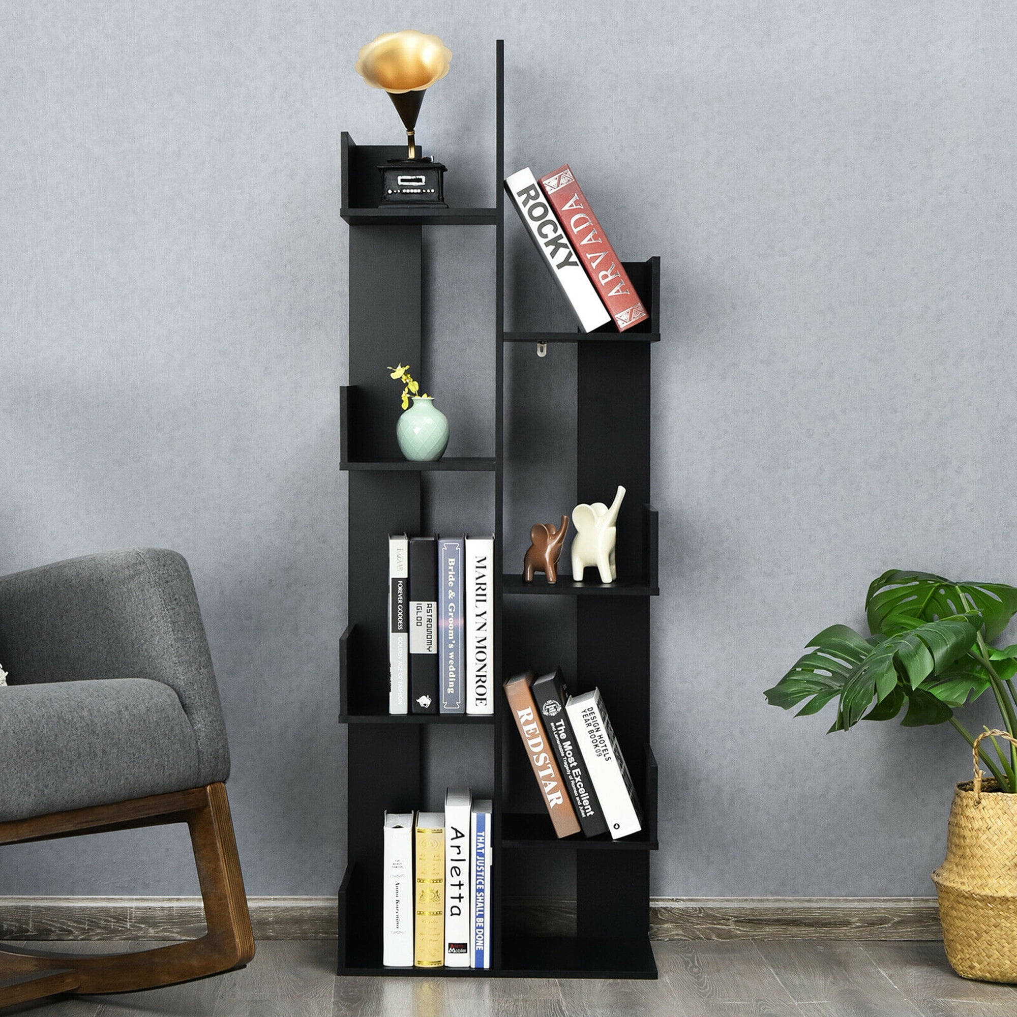 Gymax 8-Tier Bookshelf Bookcase Space-Saving Storage Rack w/8 Open Compartments Black