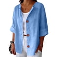 thumbnail image 2 of Xdegoge Button Down Shirts for Women Collarless V Neck Three Quarter Sleeve Casual Relaxed Everyday Wear Loose Fit Solid Linen Textured Breathable Summer Tops, 2 of 4