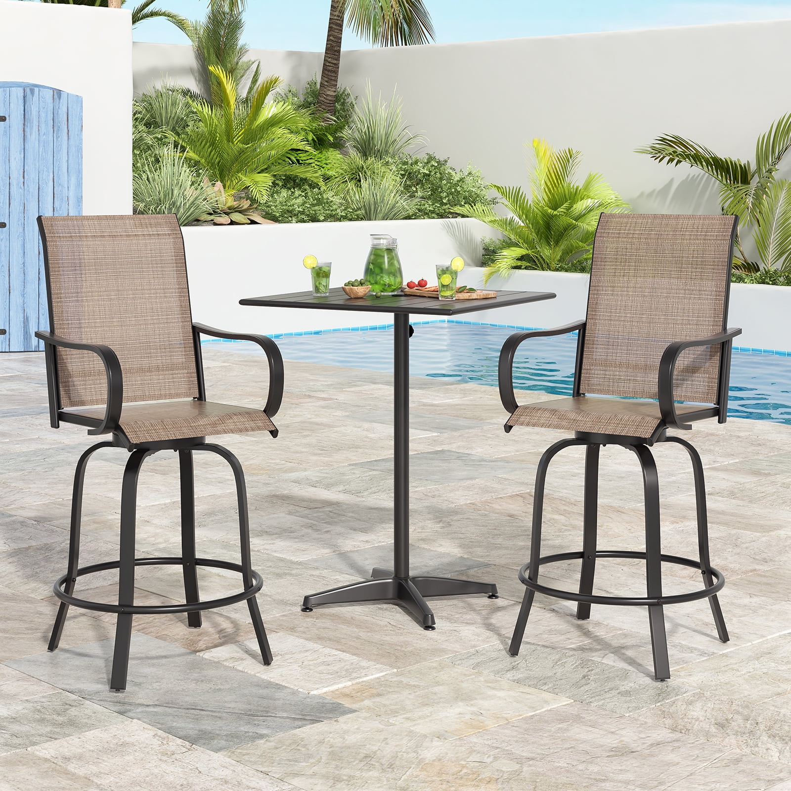 MAYEERTY 4-Piece Outdoor Bar Height Tall Stools Set,Textilene,360°Swivel, Ergonomic for Balcony, Brown