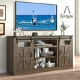 thumbnail image 4 of Farmhouse Barn Door TV Stand for up 75" TVs w/ Outlets & USB, 33.5" Tall Entertainment Center Media Console Cabinet w/ Transparent Glass, 4 of 8