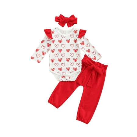 

Genuiskids Infant Baby Girl Valentine s Day Outfits Ruffle Long Sleeve Heart Printed Romper Bodysuit Bowknot Pants with Headband 3Pcs Newborn Clothes Set