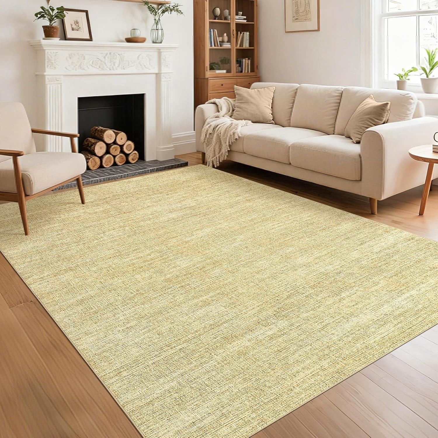 Memoryfield 5' x 7' Modern Area Rug, Washable Floor Cover, Non-Slip, Stain-Resistant Low-Pile Carpet for Living Room, Bedroom, Dining Room, Tan